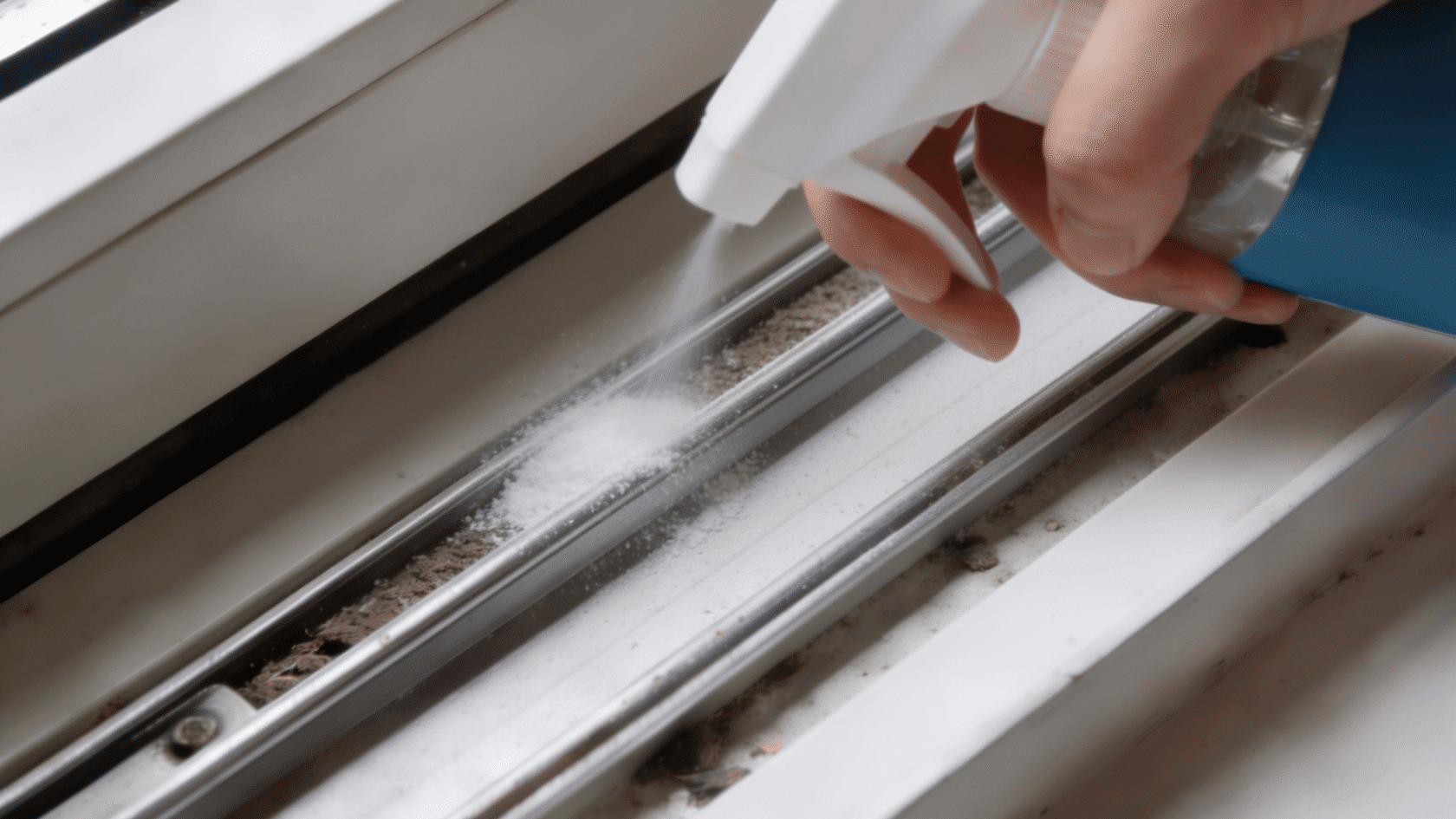 Baking soda and vinegar fizzing in a window track with dirt being scrubbed with a toothbrush