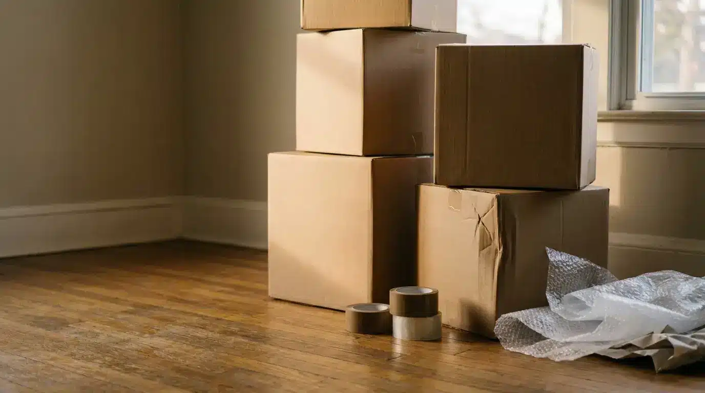 Cardboard boxes stacked in an empty room with hardwood floors and bubble wrap nearby