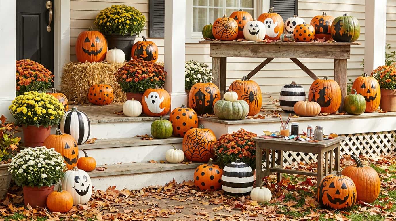 Painted Halloween pumpkins with creative designs displayed on a front porch