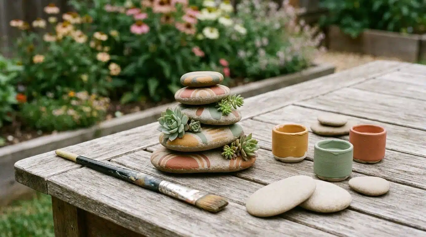 Succulents tucked into gaps of painted stacked stones
