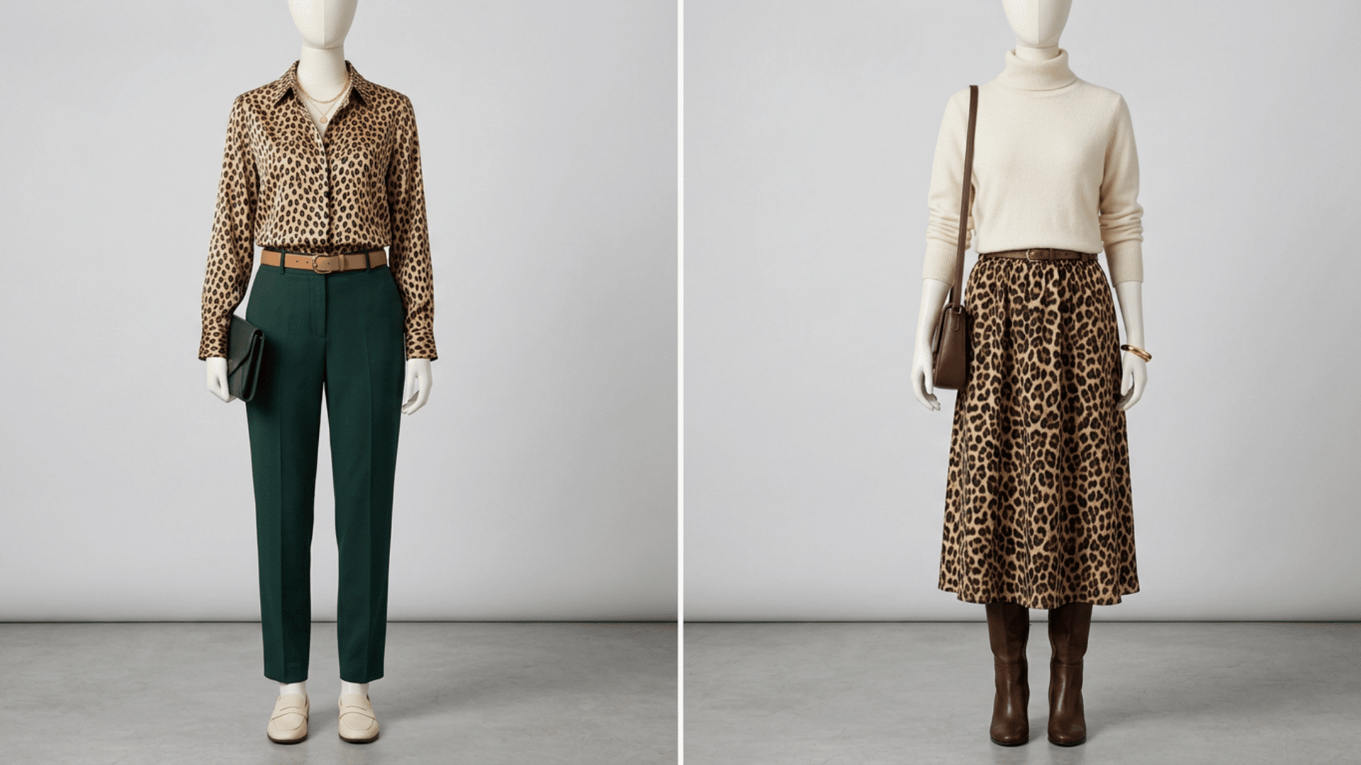 Side-by-side outfits showing cheetah print with light tones and leopard print with dark tones