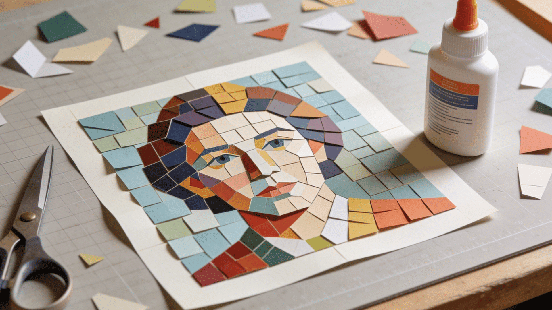 Paper mosaic art with cut paper pieces and craft supplies