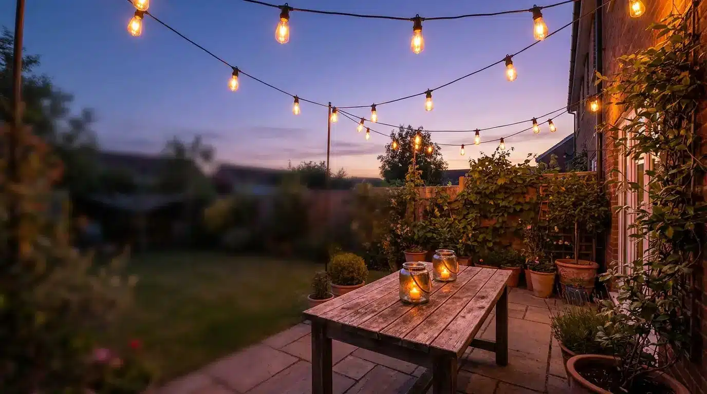 Outdoor patio with string lights above wooden table and potted plants at dusk