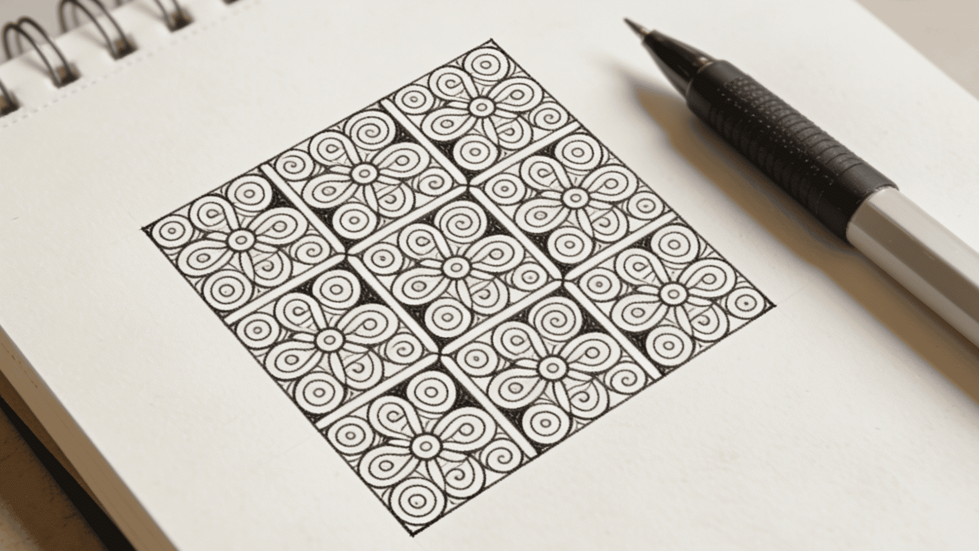 Zentangle pattern fill featuring floral shapes on a sketchbook