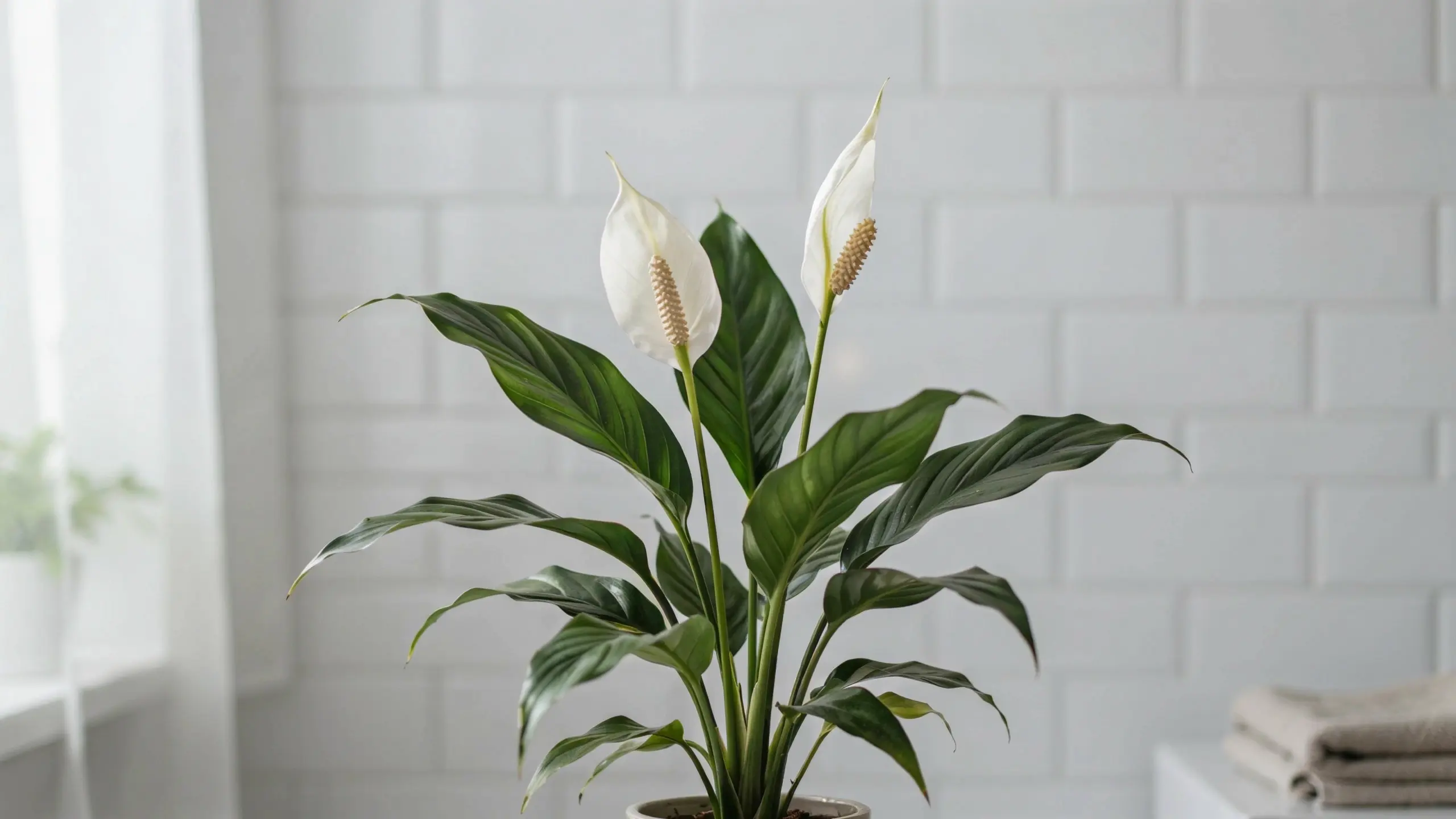 Peace lily with white blooms in sharp focus against a softly blurred bathroom setting.