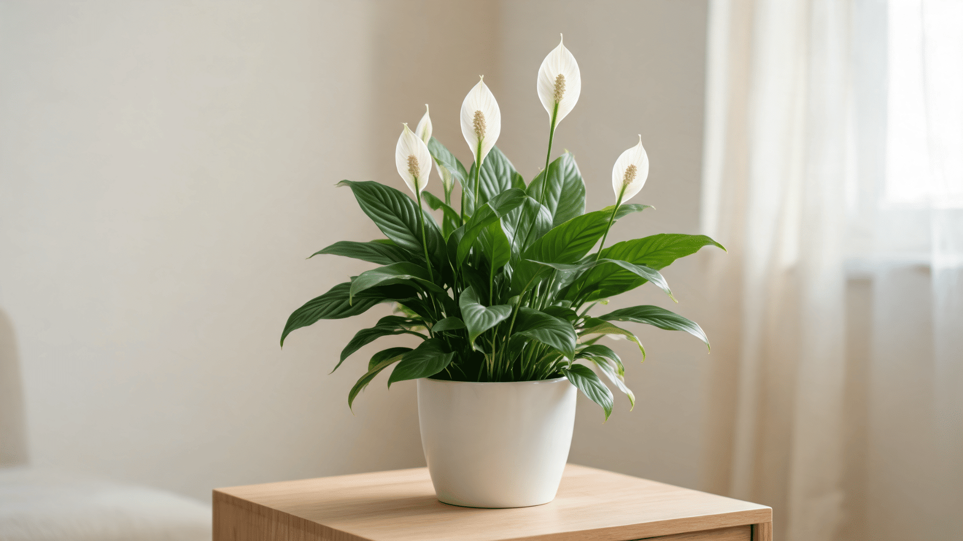 Peace lily with green leaves and white flowers growing in an indoor pot