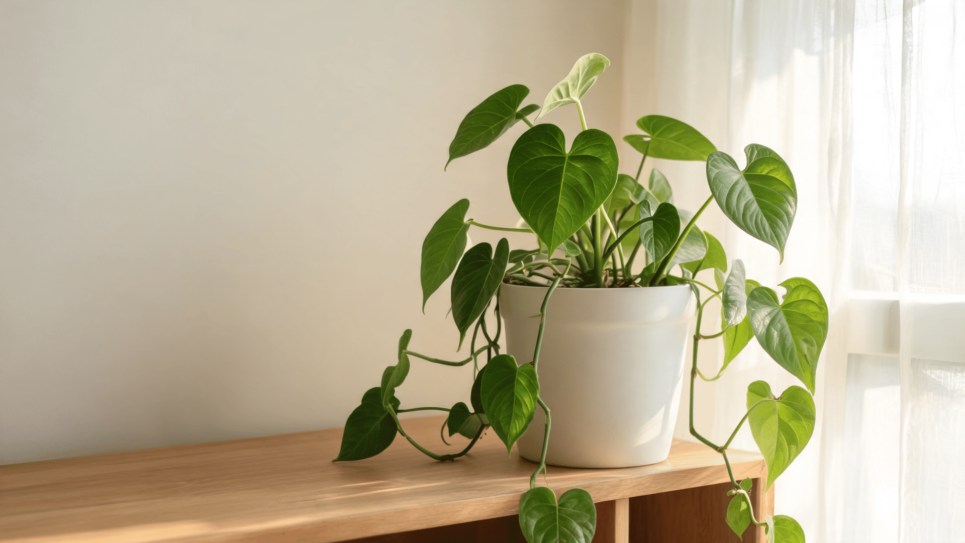 Philodendron plant with large heart-shaped green leaves growing in an indoor pot