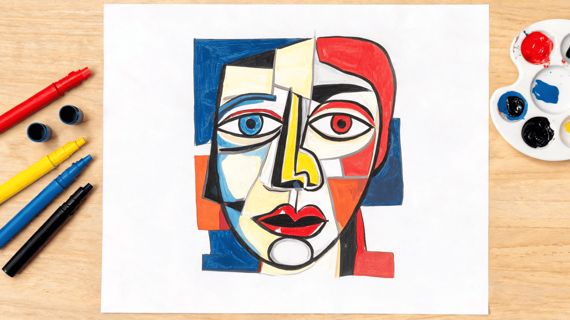 Picasso style face drawing art showing a colorful abstract portrait