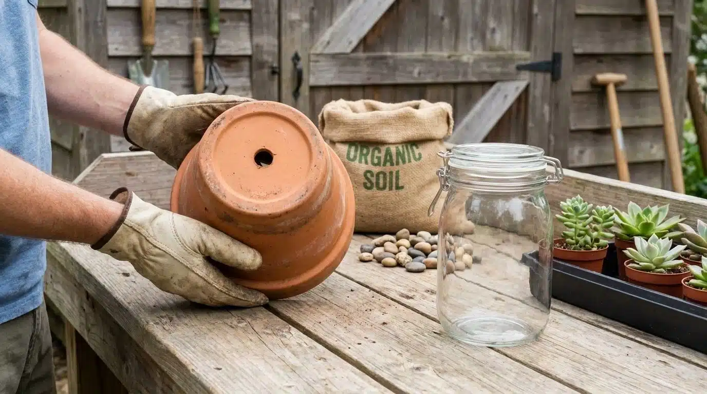 Hands checking a terra cotta pot for a drainage hole.