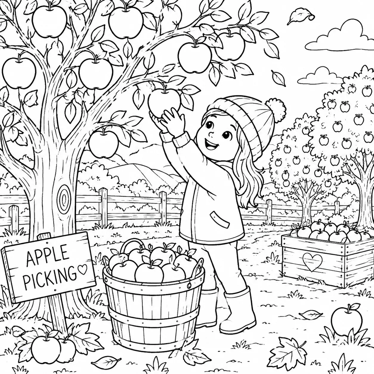Apple picking coloring page with a child gathering apples in a fall orchard scene for kids to color
