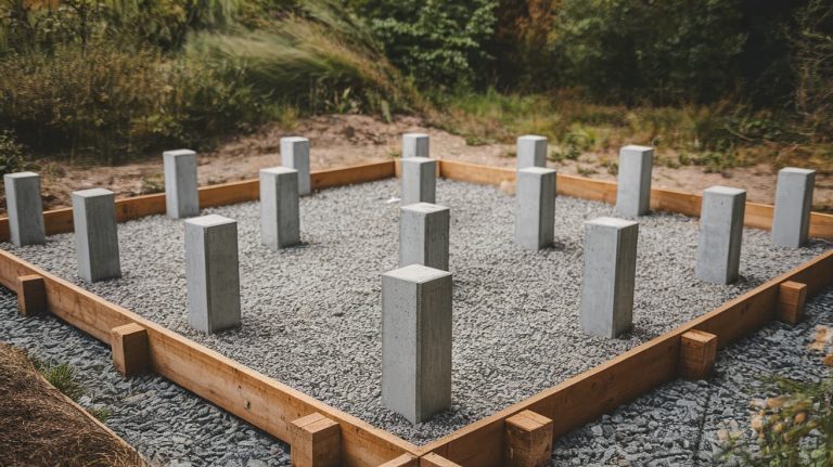 A grid of vertical concrete piers installed on a gravel bed within a wooden frame for a pier-and-beam foundation.
