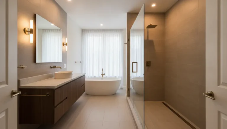 Modern bathroom with floating vanity, freestanding tub, and glass shower enclosure under soft lighting