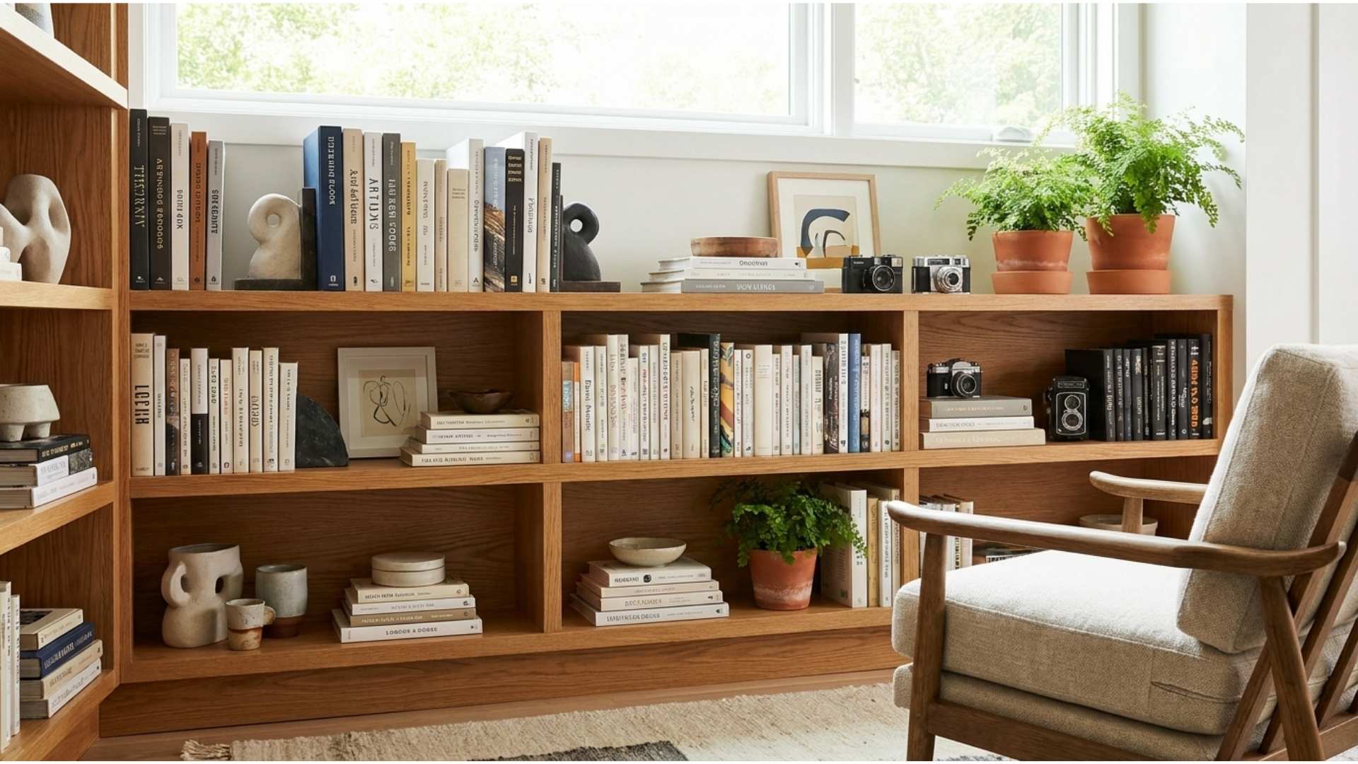 Bookshelf with books and decor of different heights, balanced and visually appealing, cozy home setup.