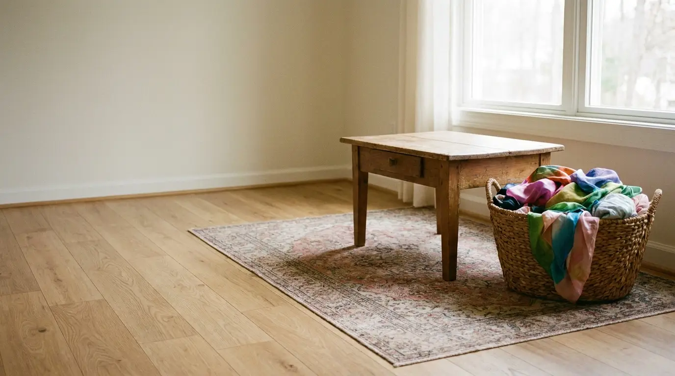 Wooden table on patterned rug beside basket of colorful fabrics in sunlit room