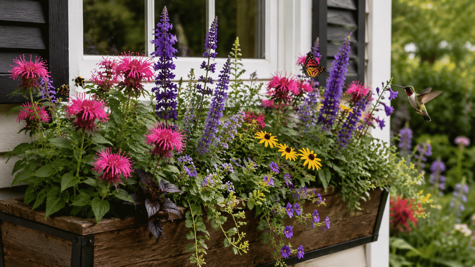 A rustic wooden window box blooming with colorful pollinator plants, attracting a flying hummingbird, a monarch butterfly, and a bumblebee.
