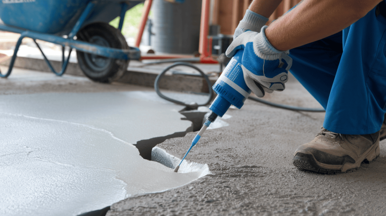 Close-up of a technician in blue work pants and safety gloves using an injection gun to apply polyurethane foam beneath a concrete slab for leveling.