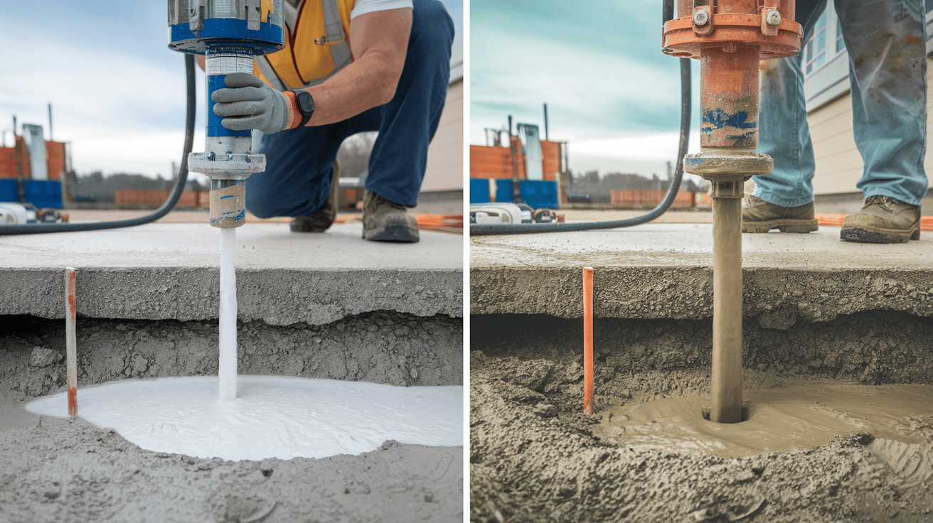 Side-by-side comparison of polyjacking injecting white foam and mudjacking pumping thick cement slurry under a concrete slab.