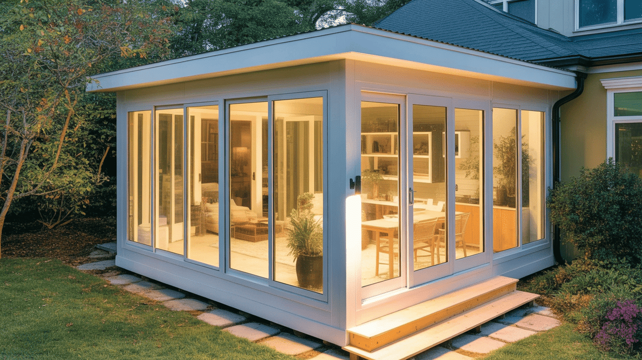 Modern prefab sunroom kit with structured vinyl framing and uniform glass panes attached to a house
