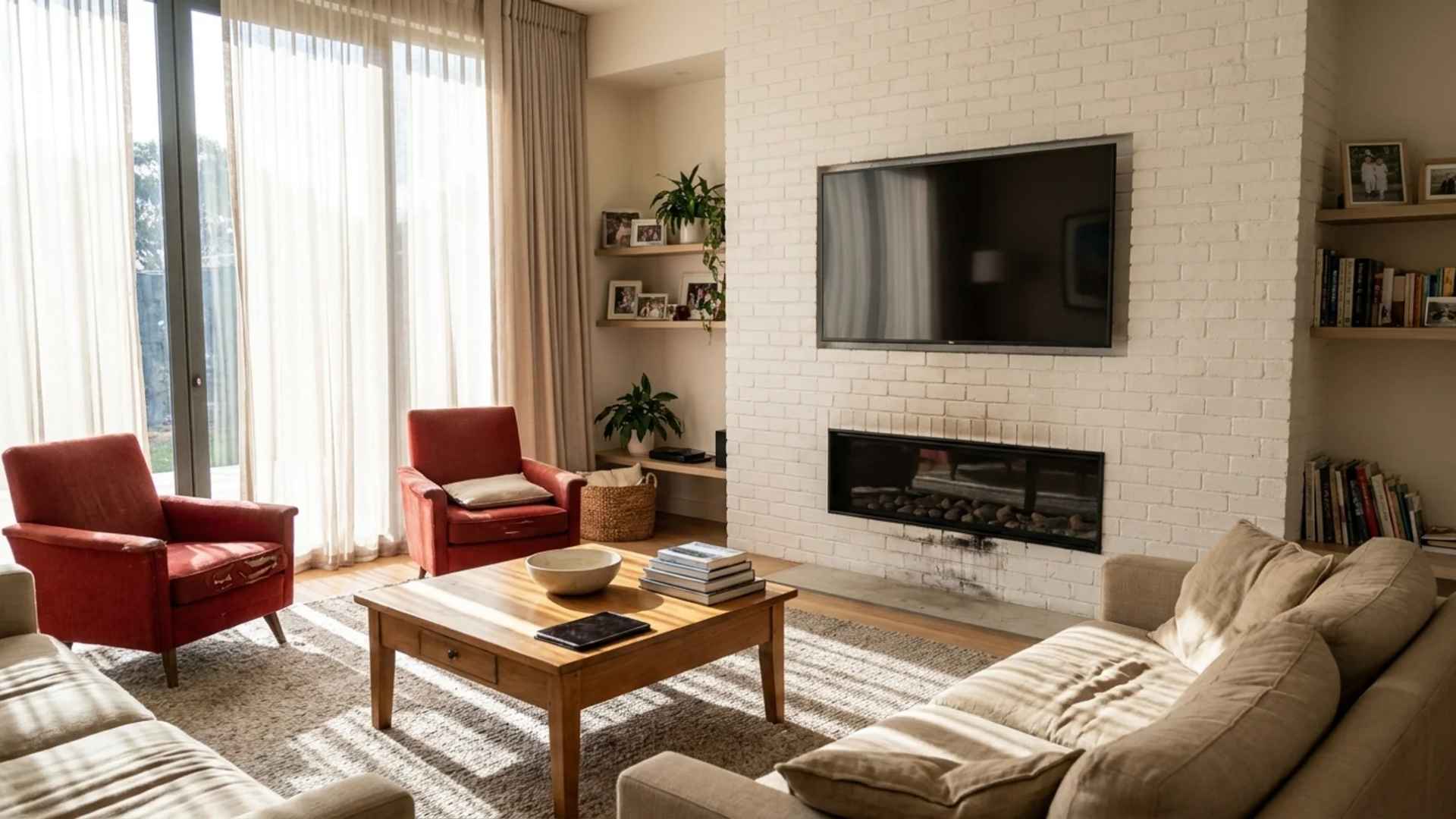 Modern living room with a large beige sofa, two red armchairs, a wooden coffee table, and a TV mounted on a white brick wall.