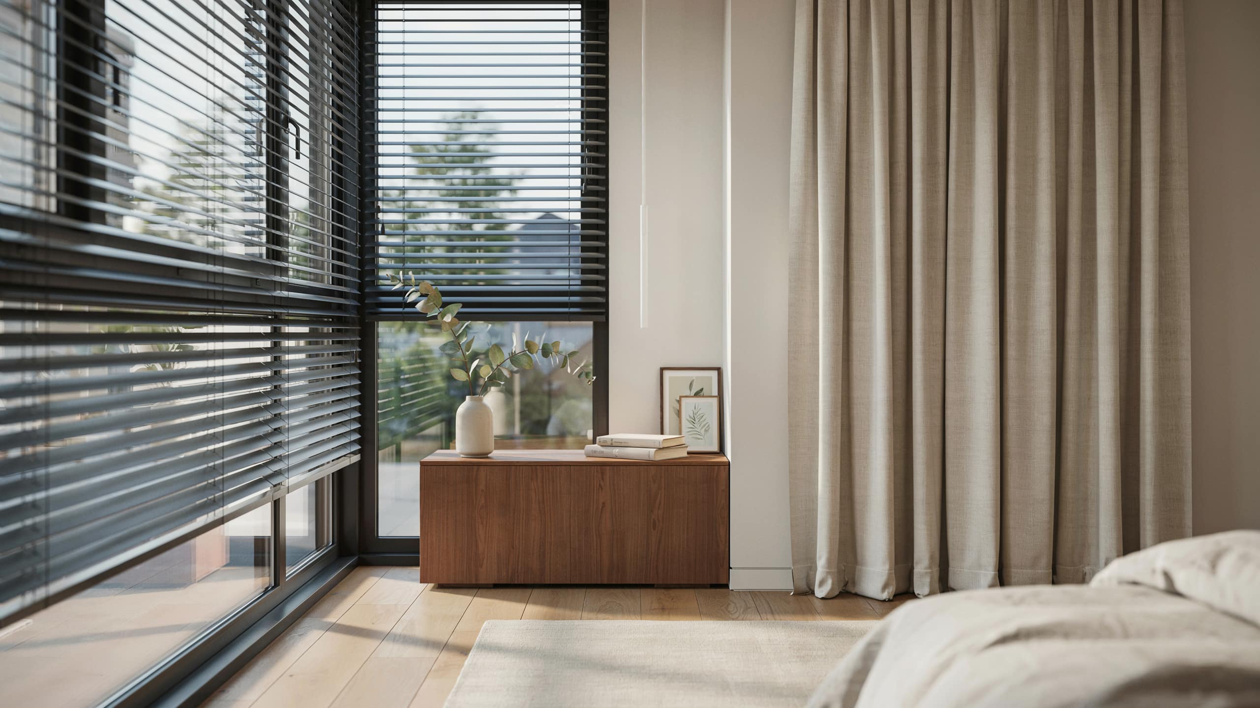Window privacy comparison showing adjustable blinds and full-coverage curtains