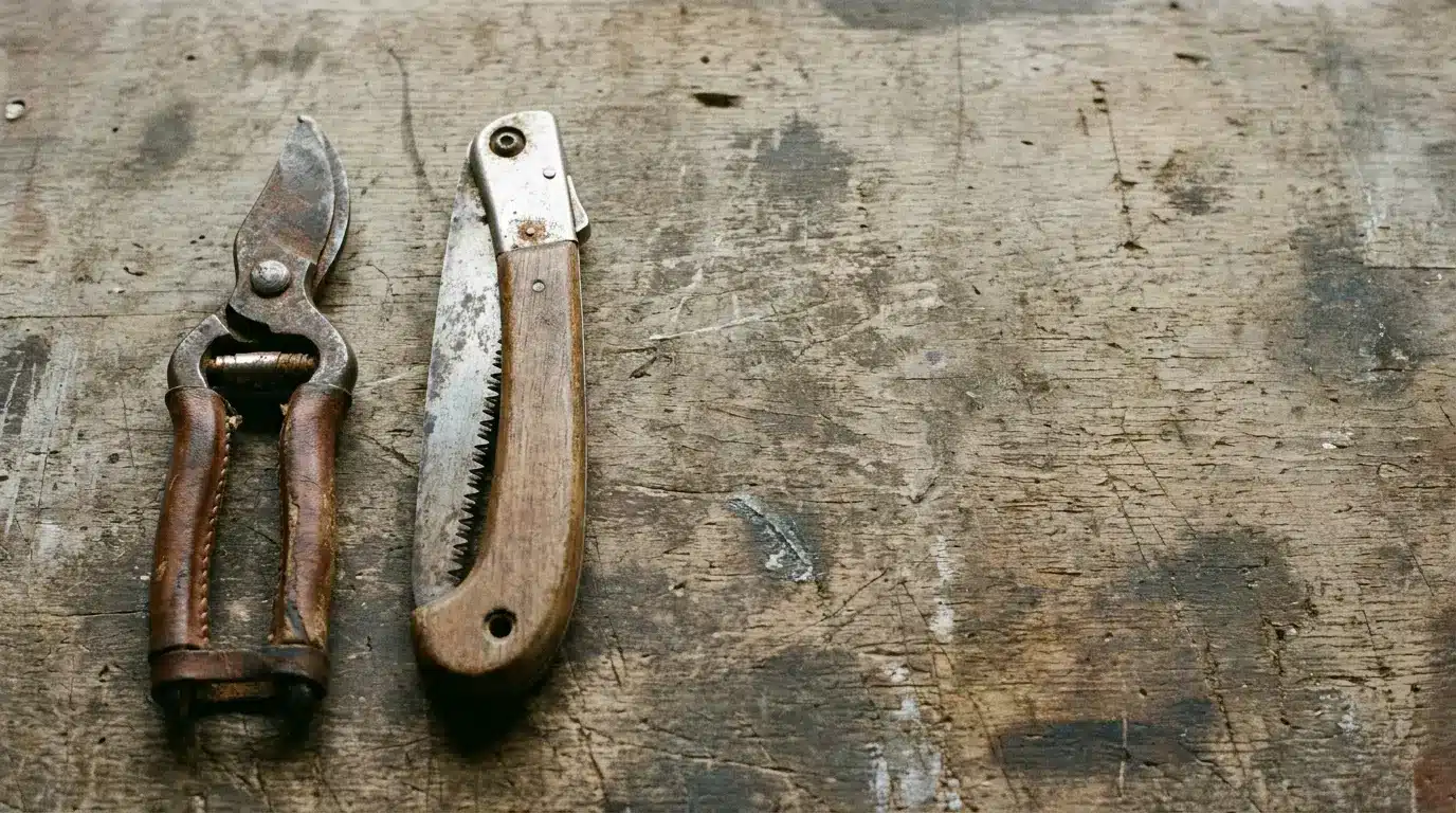 Pruning shears and folding saw on rustic wooden table surface