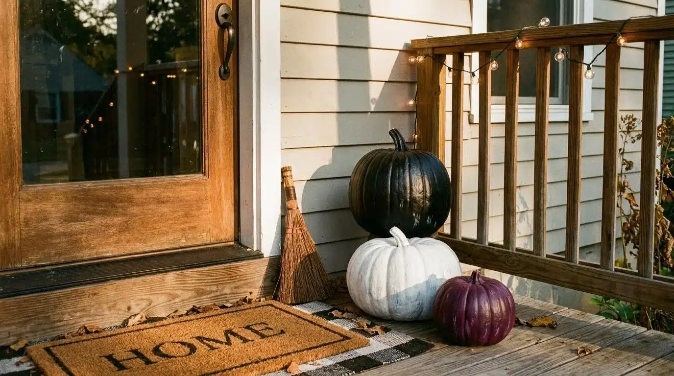 Front porch with stacked black, white, and purple painted pumpkins