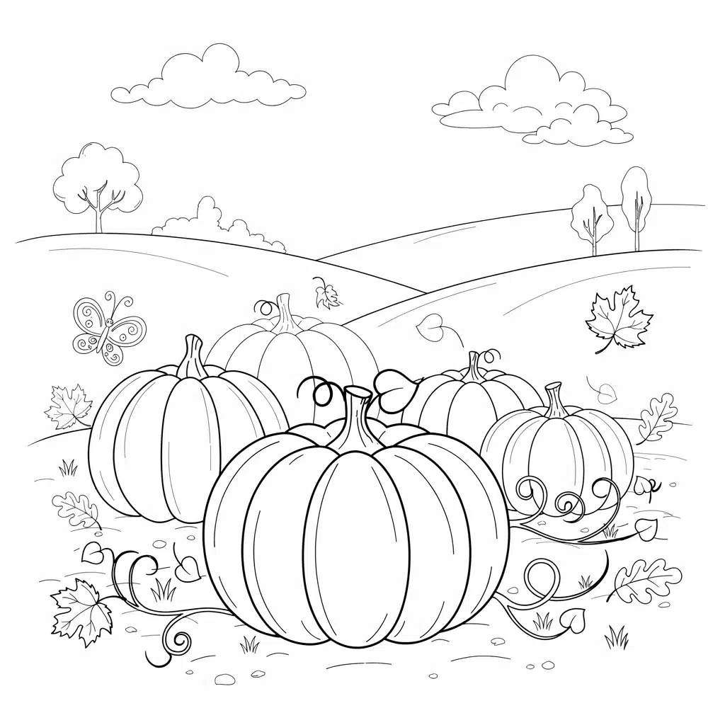 Free printable pumpkin patch fall coloring page featuring multiple pumpkins, curling vines, and scattered autumn leaves for kids and adults