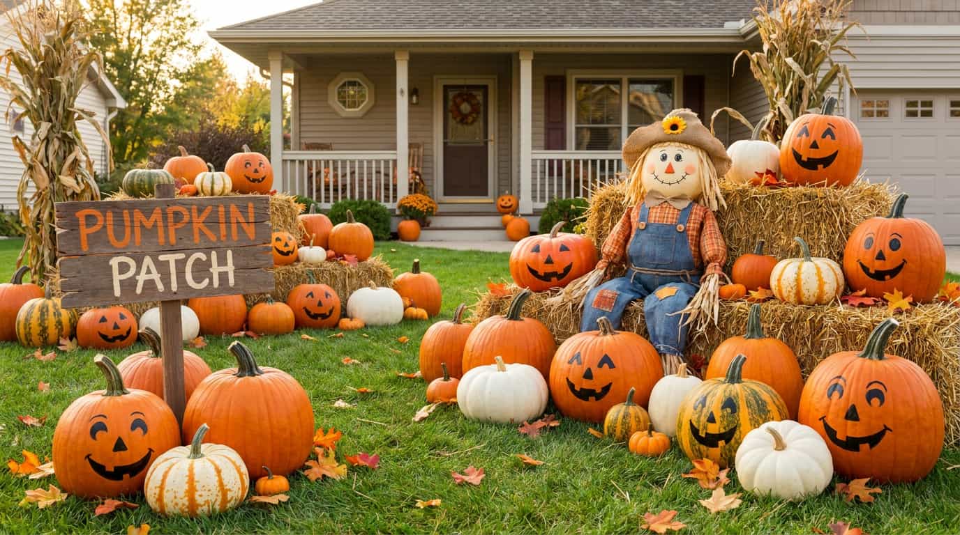 Friendly Halloween pumpkin patch with smiling pumpkins, hay bales, and fall decor