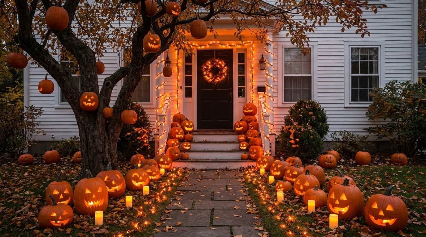 Halloween yard ideas with glowing jack-o’-lanterns lining a front walkway to a decorated home