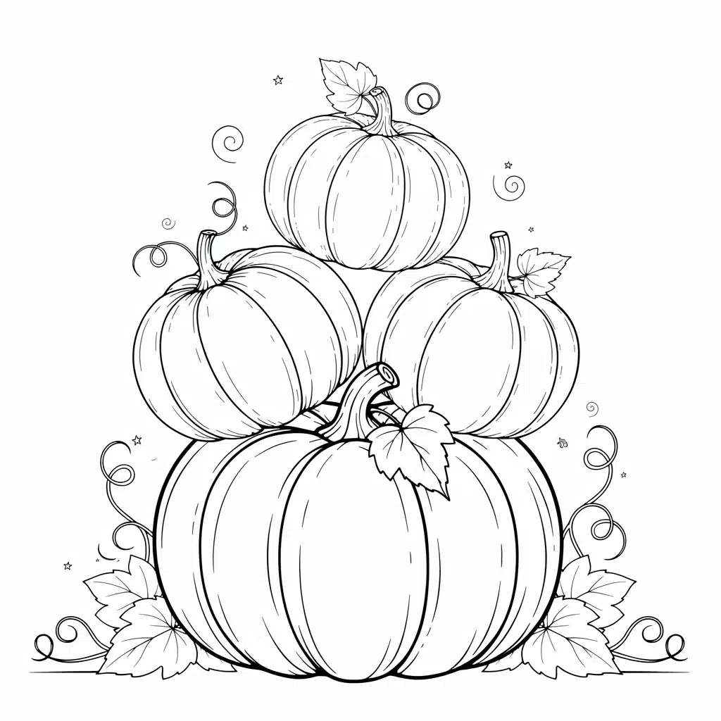 Fall coloring page featuring a stack of pumpkins in varying sizes, ideal for practicing basic shading techniques and different shades of orange tones
