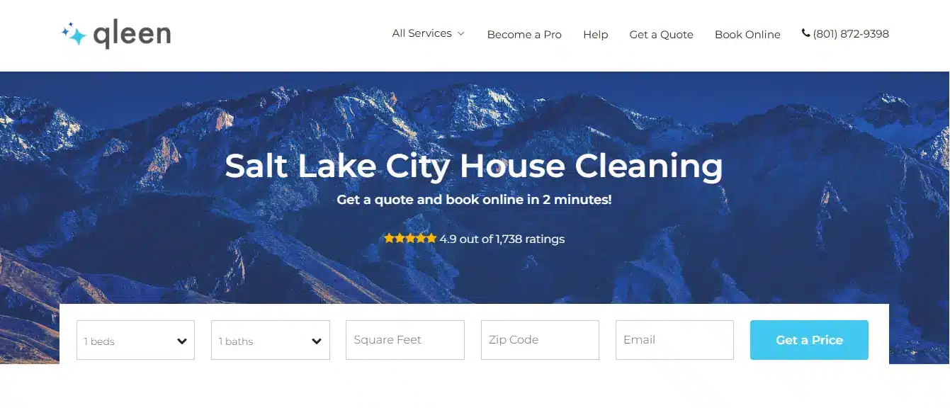 Mountain landscape with snow-covered peaks under twilight sky and overlay text about house cleaning service
