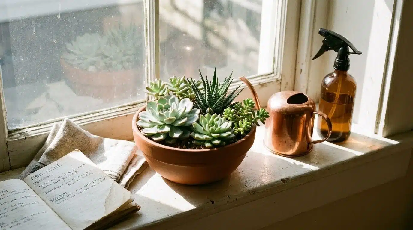 Succulent planter with watering can on a sunny windowsill