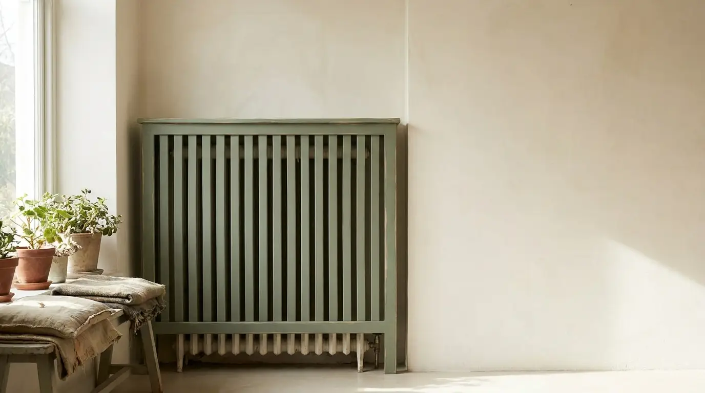 Antique radiator cover and potted plants in a sunlit minimalist room
