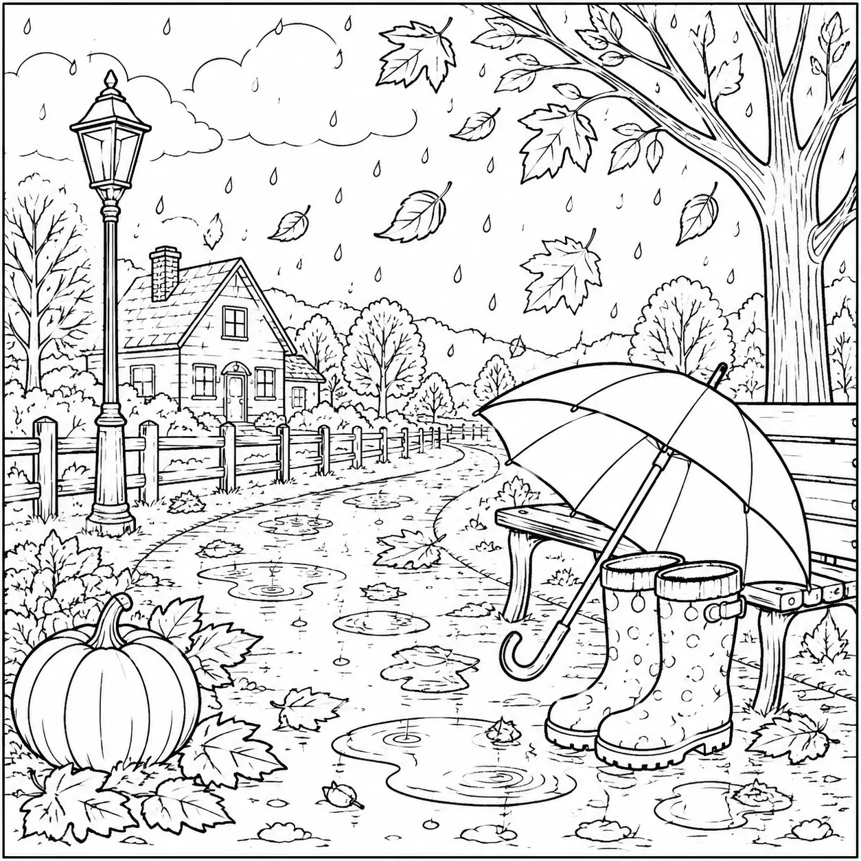 Rainy fall day coloring page with raindrops, puddles, leaves, umbrella, and autumn scenery for kids.