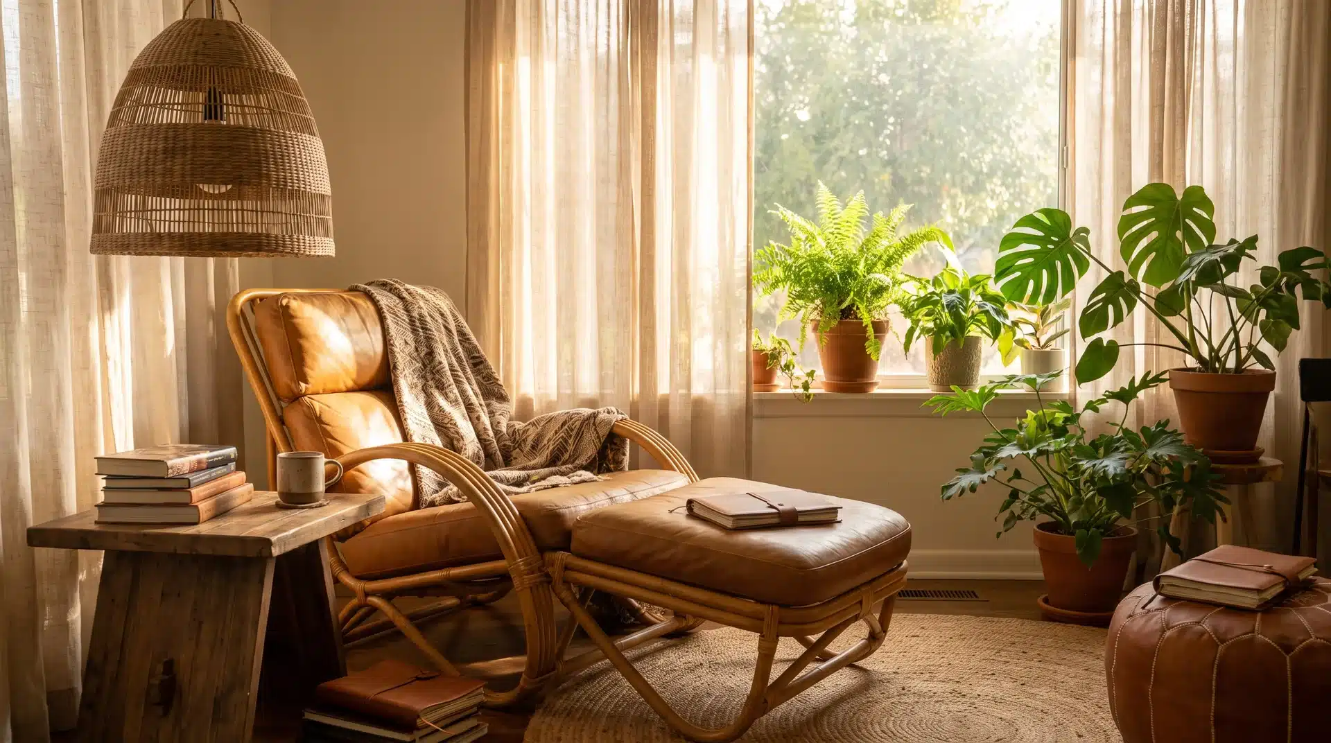 Rattan lounge chair and woven pendant in a warm retro corner.