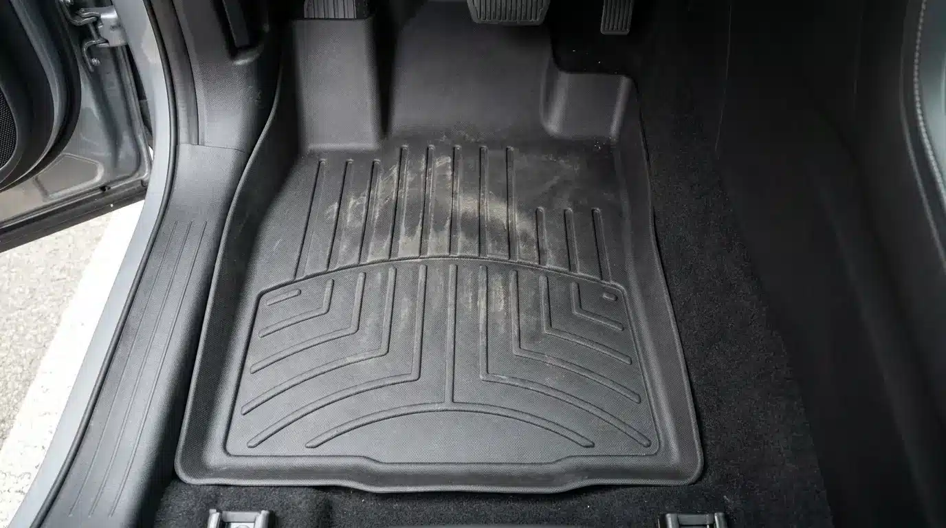 Car floor mat with dirt marks in driver’s footwell, interior of vehicle with open door