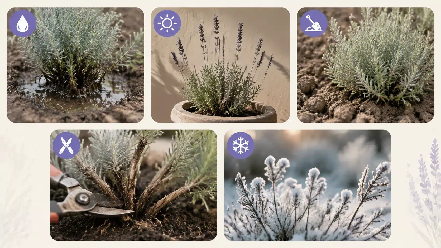 Lavender plant problems shown through overwatering, poor soil, low sunlight, pruning damage, and frost stress in a garden infographic.