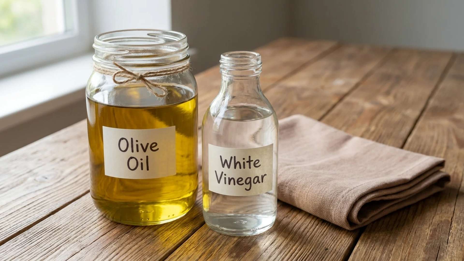 Glass bottle of vinegar and olive oil for wood cleaning on a table.