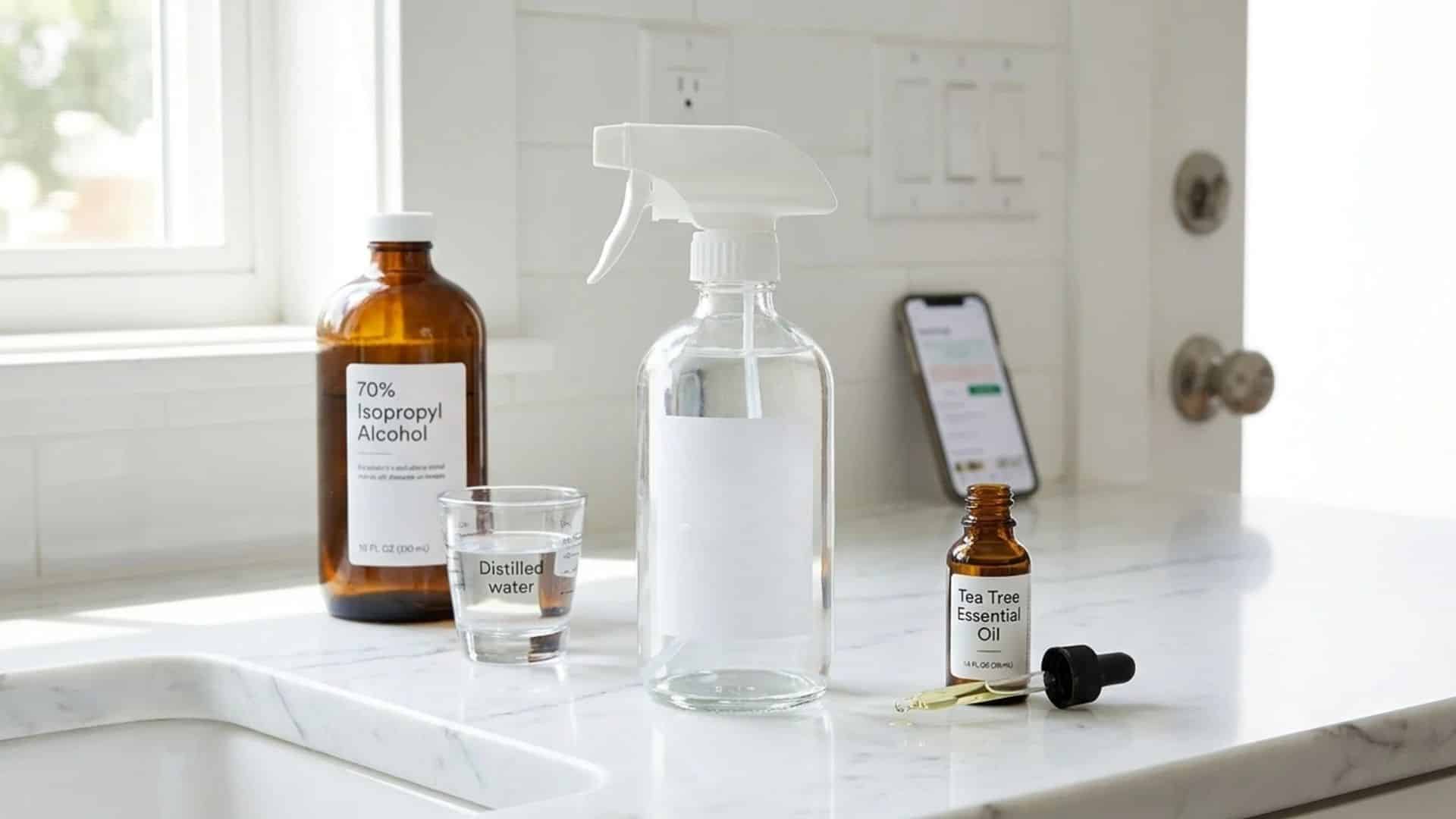 Rubbing alcohol disinfectant spray with distilled water and tea tree oil beside a kitchen sink.