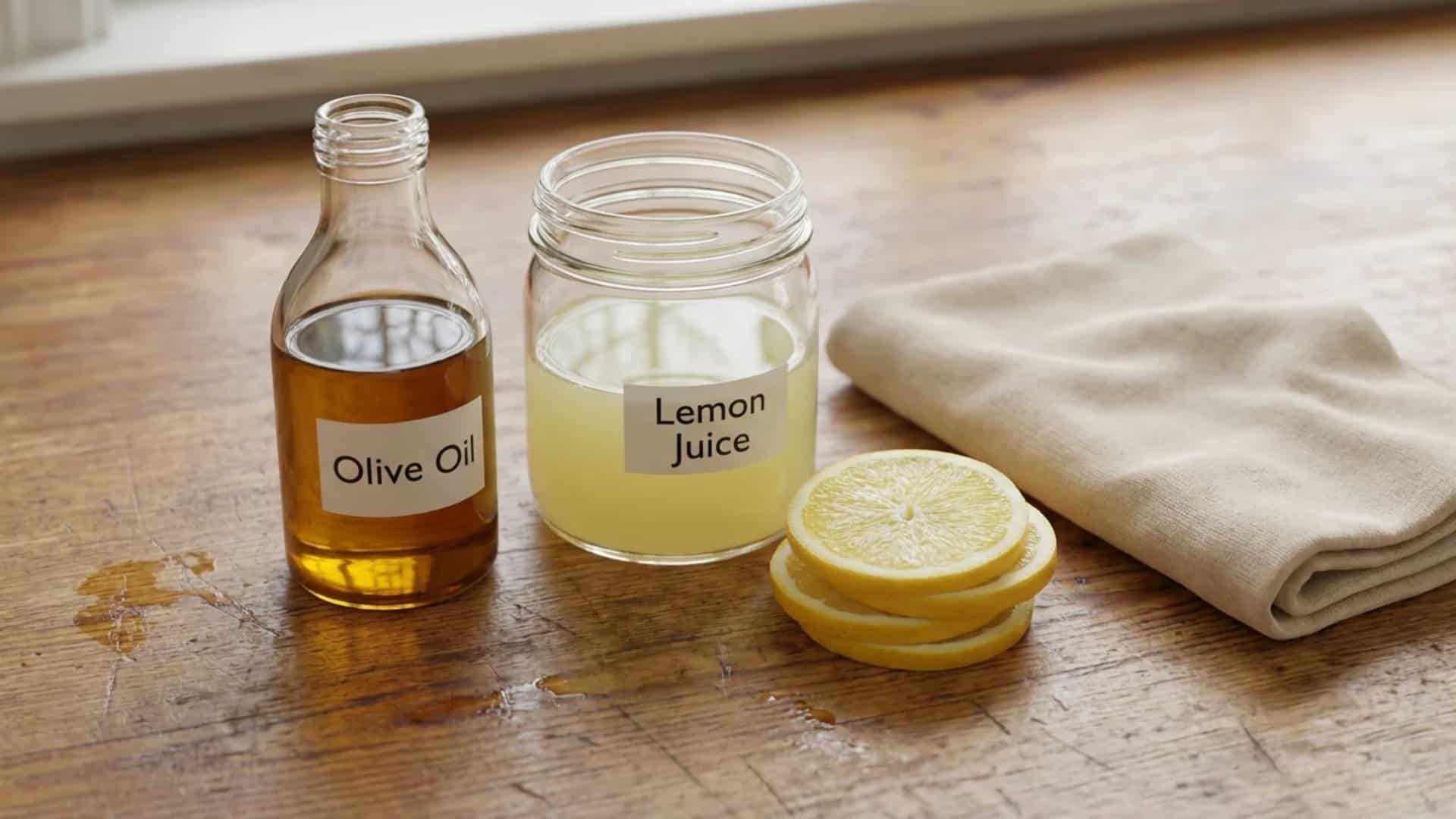 Wood polish ingredients: olive oil and lemon juice with a cleaning cloth.
