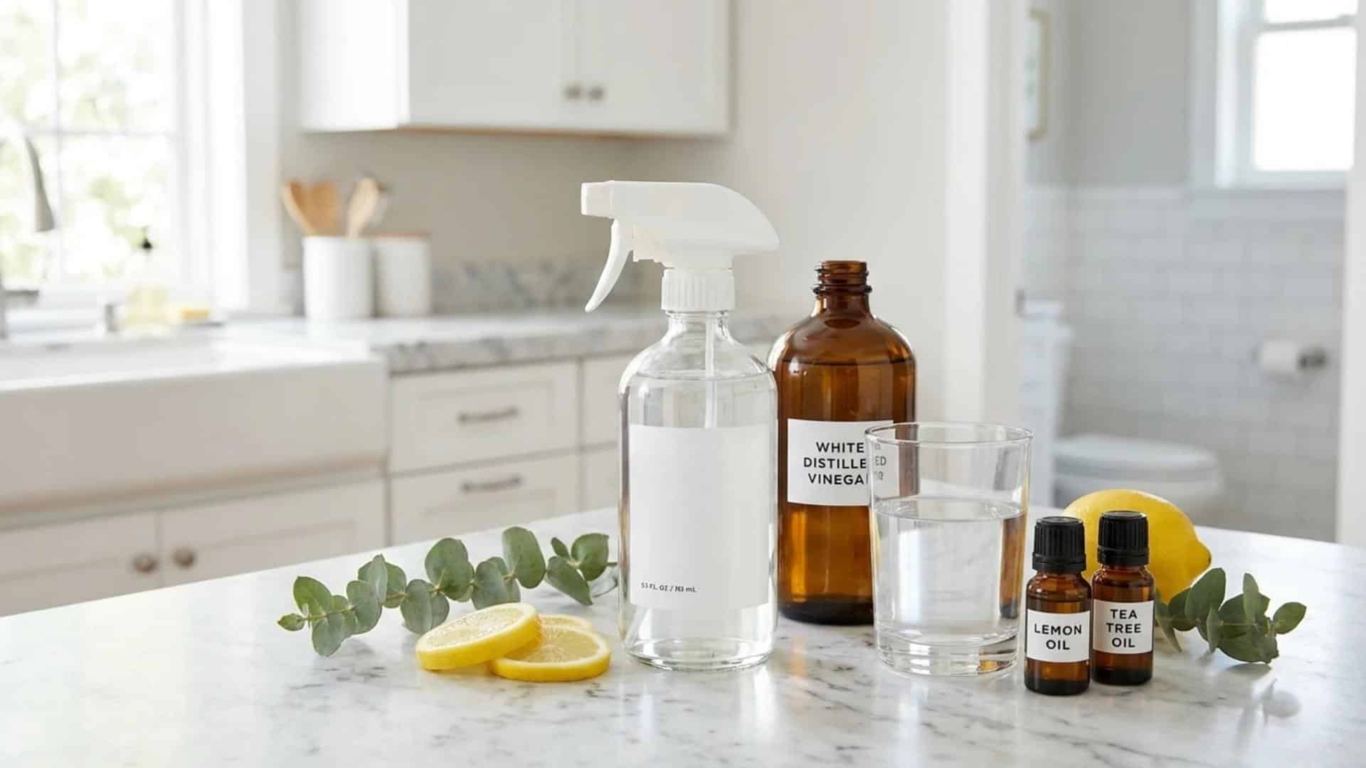 Natural vinegar disinfectant spray with lemon and tea tree oils on a marble kitchen counter.