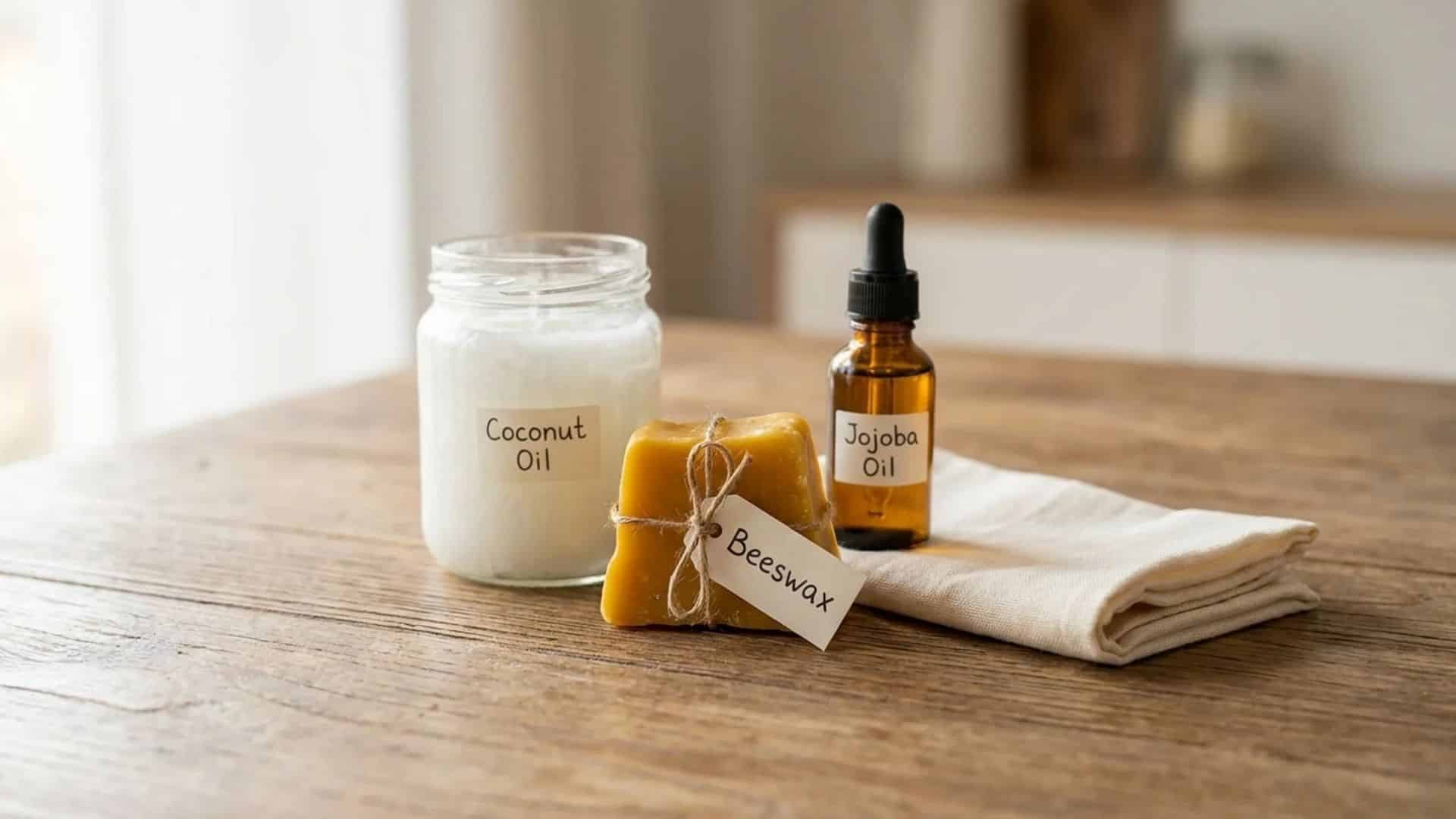 Homemade wood polish ingredients: beeswax, coconut oil, and a cloth.
