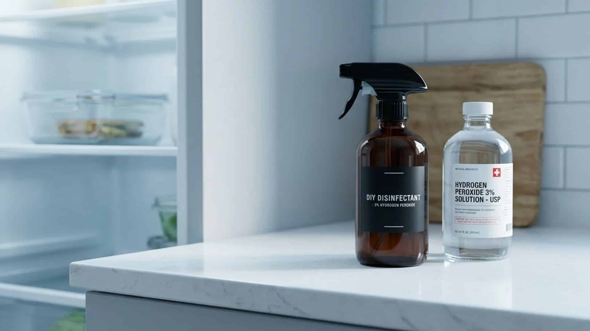 DIY hydrogen peroxide disinfectant spray beside peroxide bottle on a modern kitchen countertop.