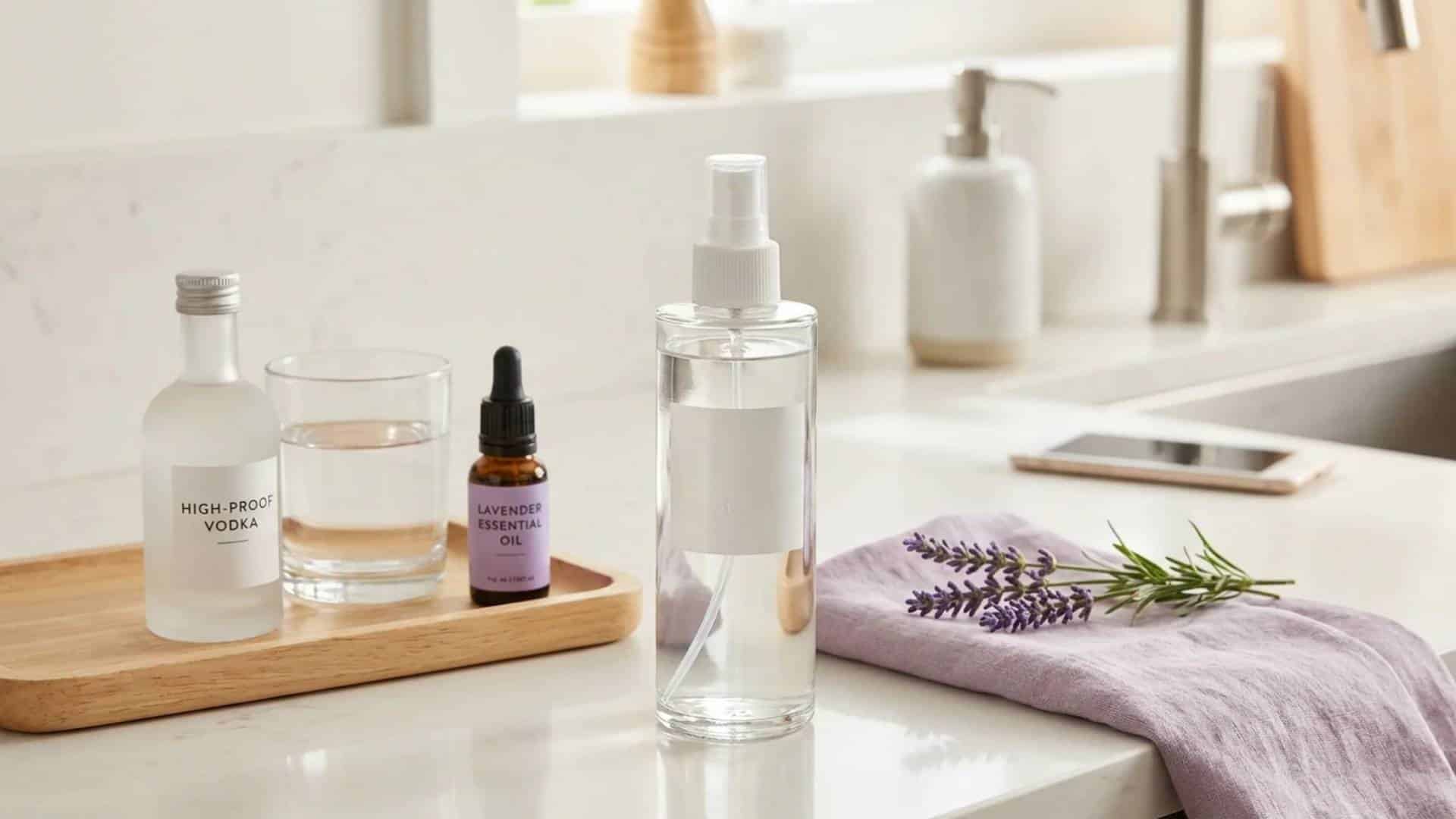 Homemade vodka disinfectant spray with lavender essential oil and herbs on a clean kitchen counter.