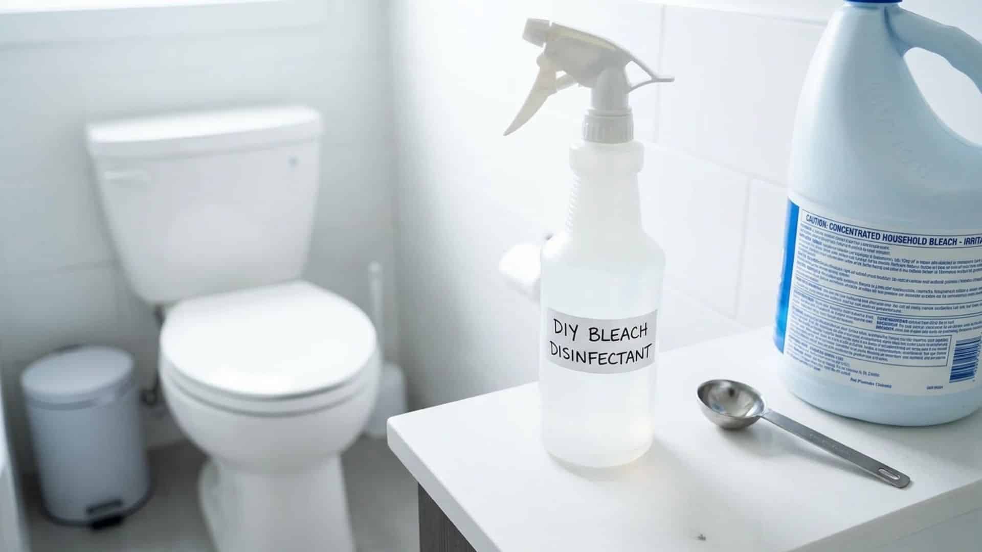 DIY bleach disinfectant spray bottle with bleach container and measuring spoon in a bright bathroom