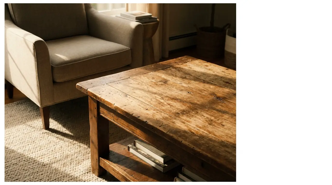 Rustic wooden coffee table and beige armchair in cozy living room with natural light