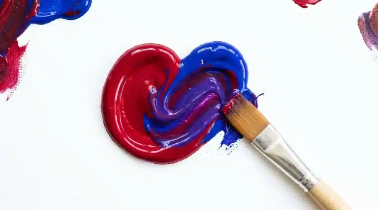 Paint mixing on a canvas shows how red and blue make what color, creating a rich purple.