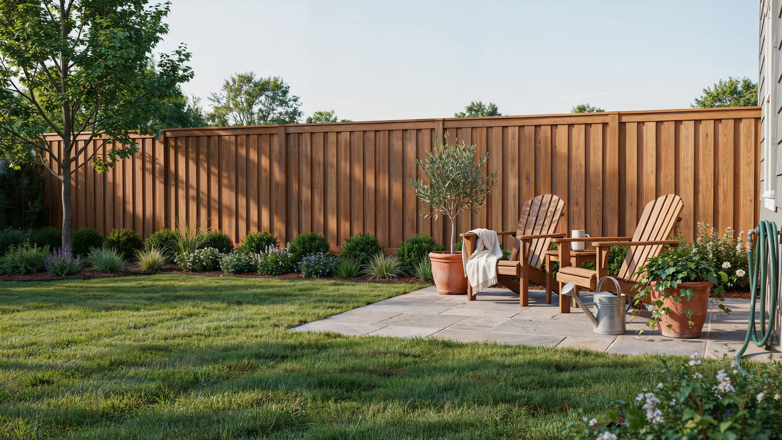 Updated backyard featuring a freshly stained wooden fence with landscaping and outdoor seating.