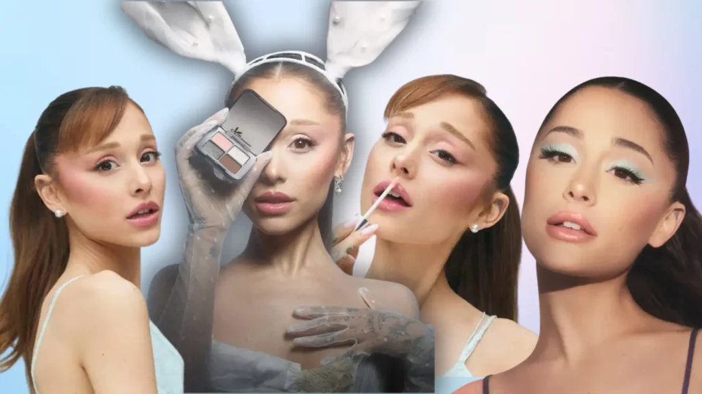 Ariana Grande promoting r.e.m. beauty with makeup products and beauty campaign images.
