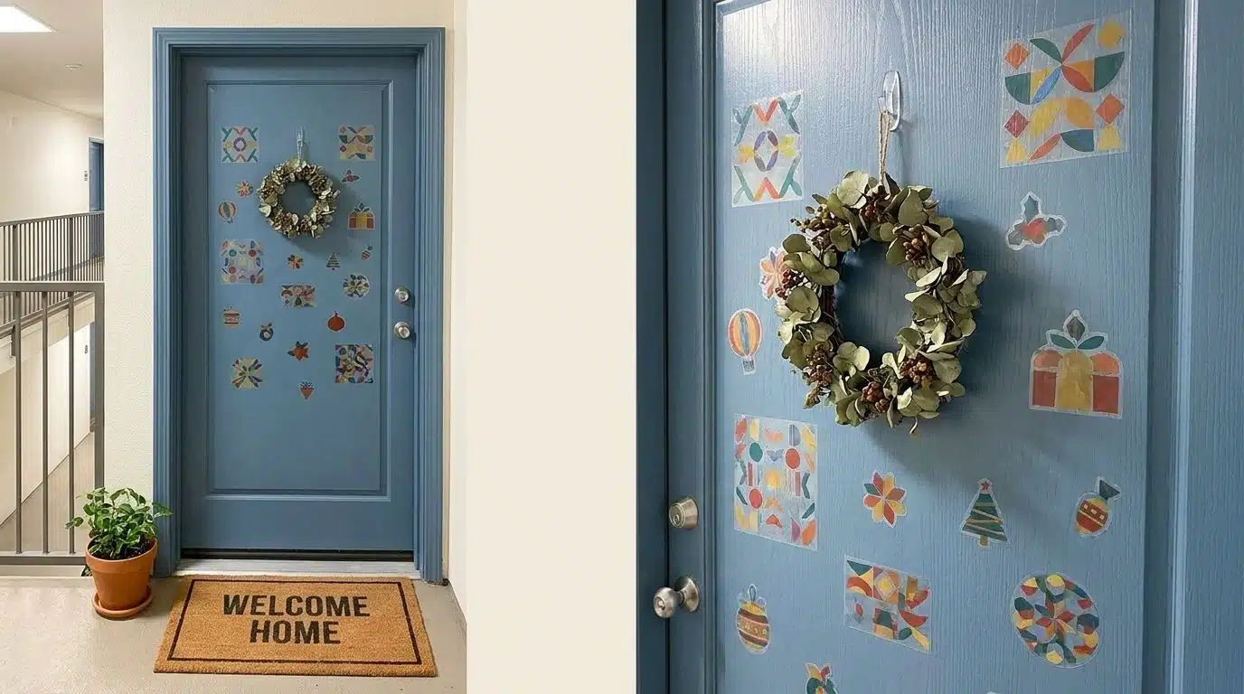 Apartment door decorated with removable Halloween clings and a wreath